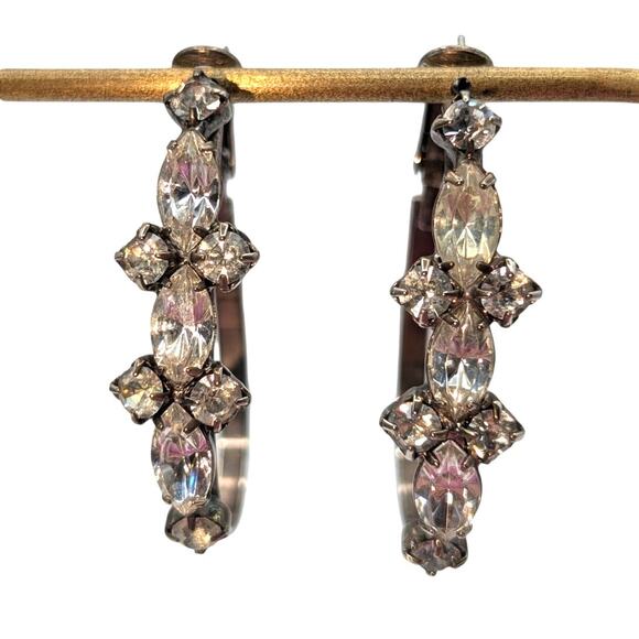 Silver Tone Front Long Prong Set Rhinestone Oblong Hoop Earrings - Picture 1 of 5